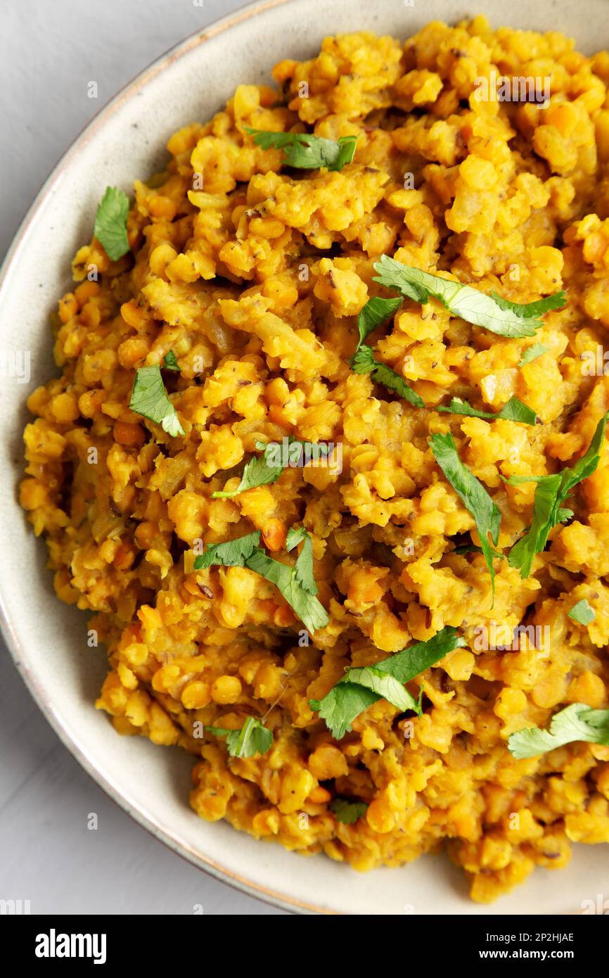 Homemade Red Lentil Dahl with Rice and Cilantro on a gray surface, top ...