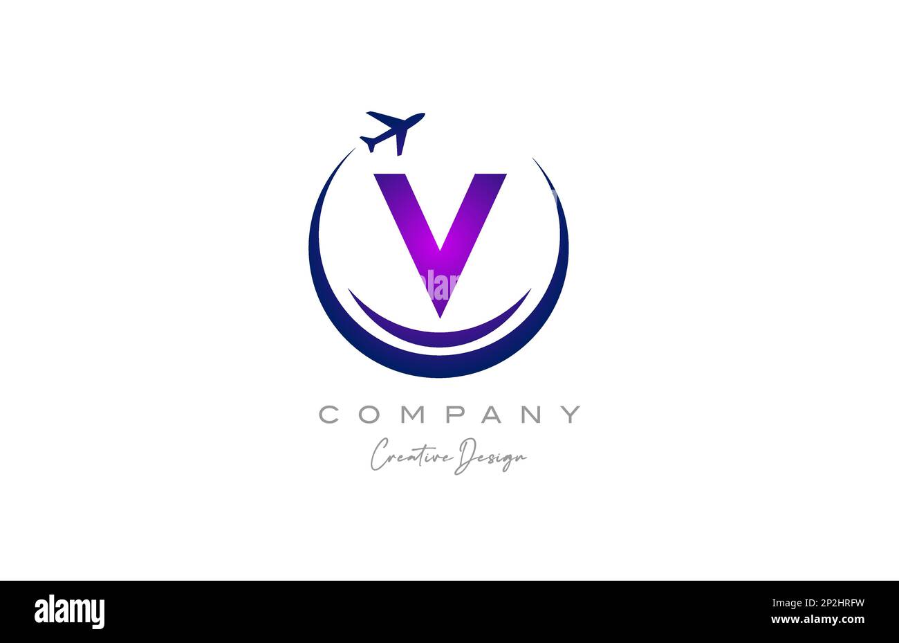 V alphabet letter logo with plane for a travel or booking agency in purple. Corporate creative template design for business and company Stock Vector