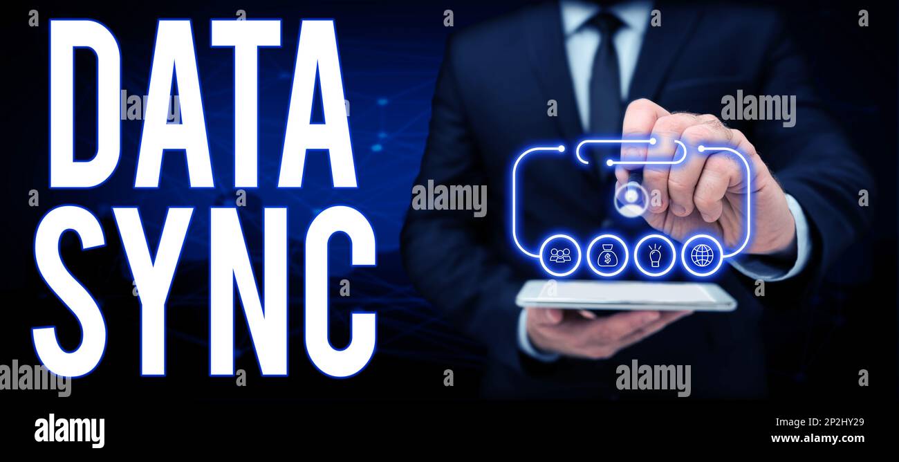Text caption presenting Data Sync. Business showcase data that is continuously generated by different sources Stock Photo