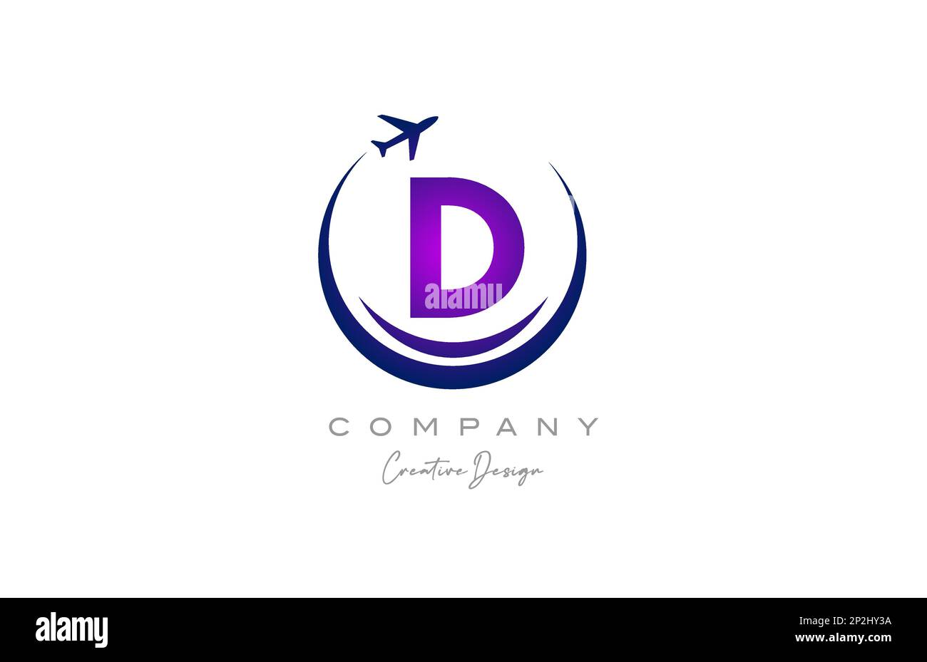 D alphabet letter logo with plane for a travel or booking agency in purple. Corporate creative template design for business and company Stock Vector