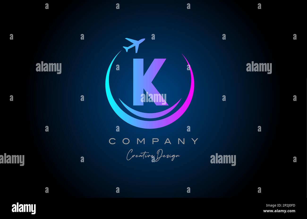 blue pink K alphabet letter logo with plane for a travel or booking ...