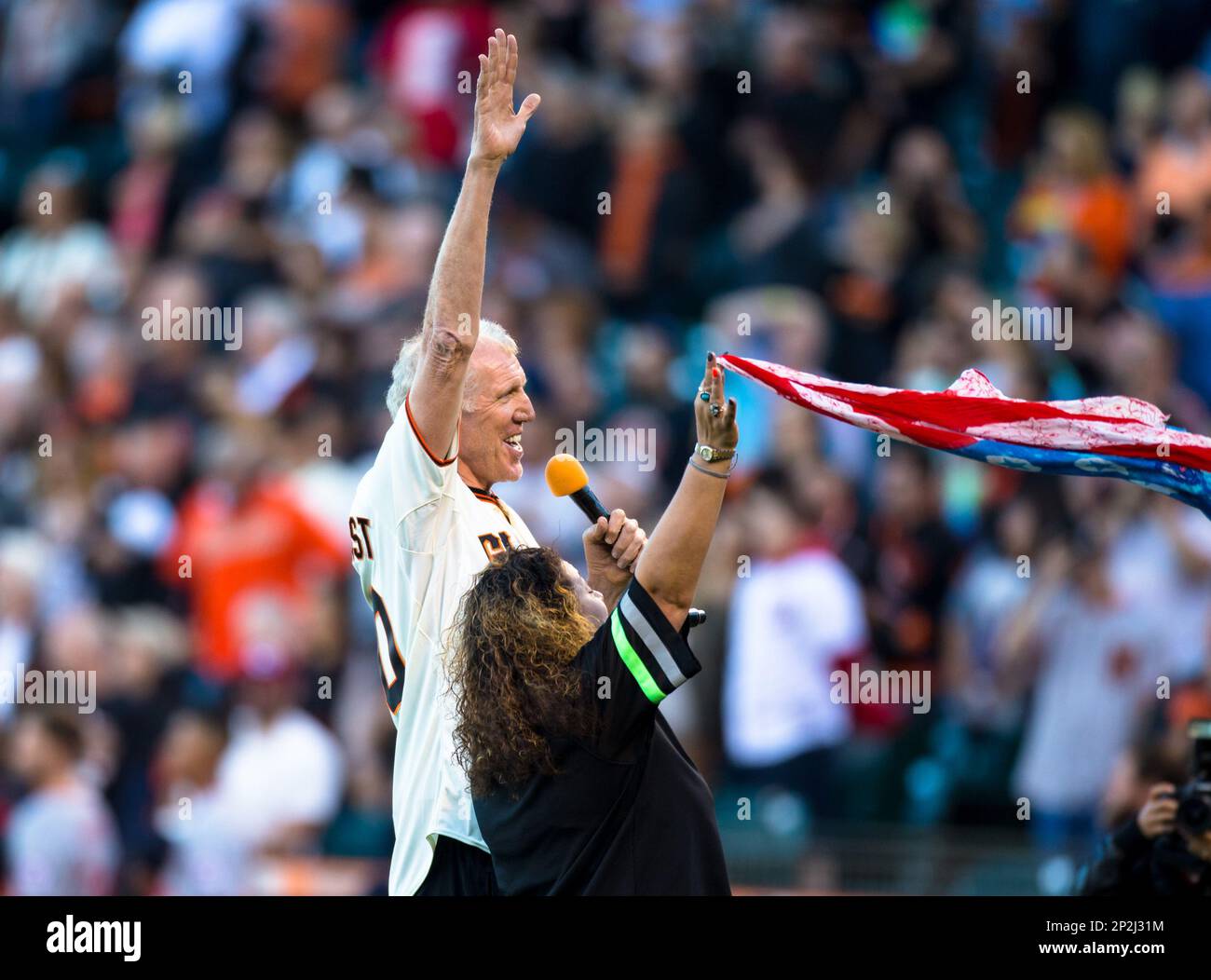 August 13, 2015: Basketball legend Bill Walton sings with Grateful Dead  Legend Jerry Garcia's daughter Anabelle Garcia, before the MLB baseball  game between the San Francisco Giants and the Washington Nationals at