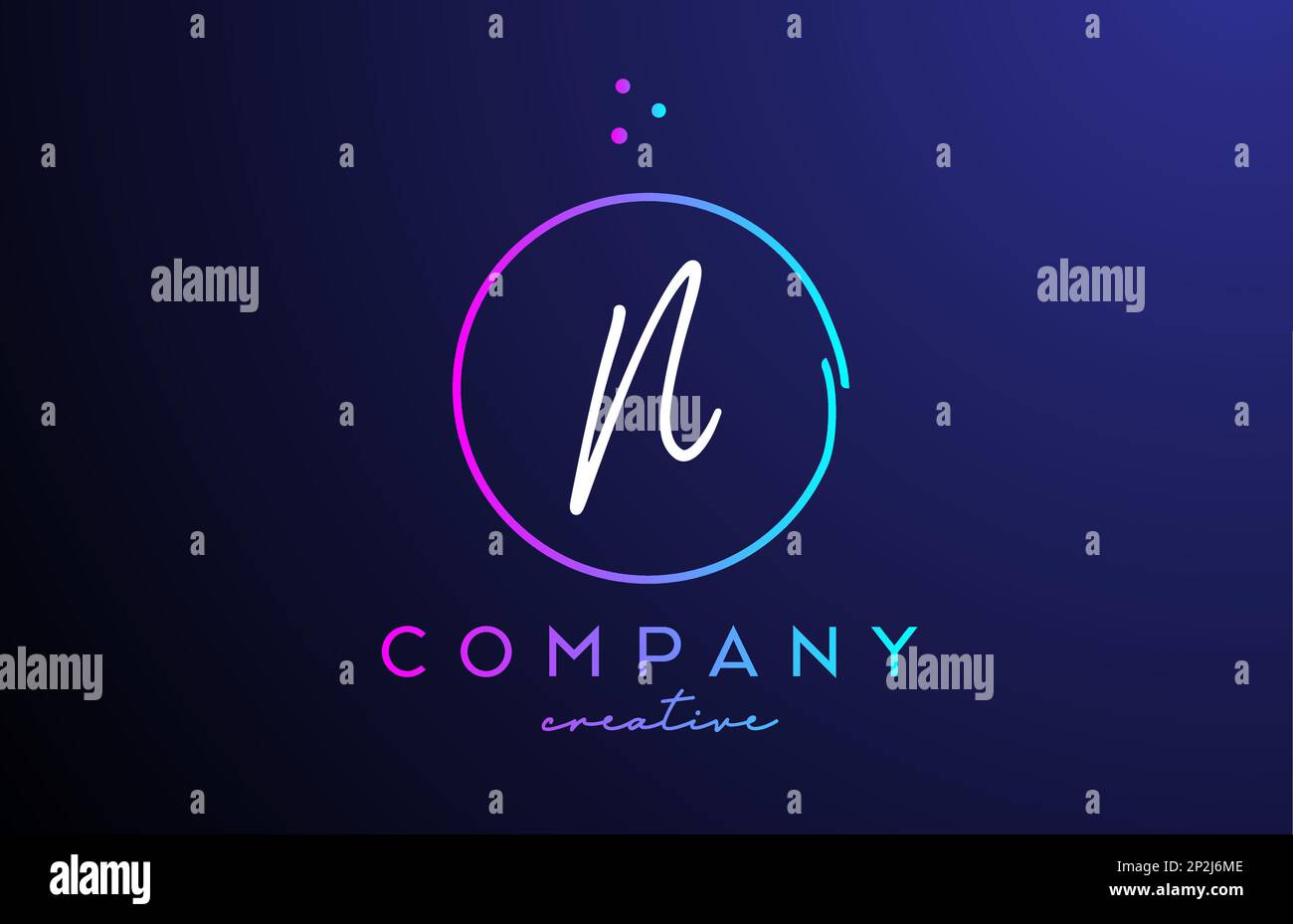 N handwritten alphabet letter logo with dots and pink blue circle ...