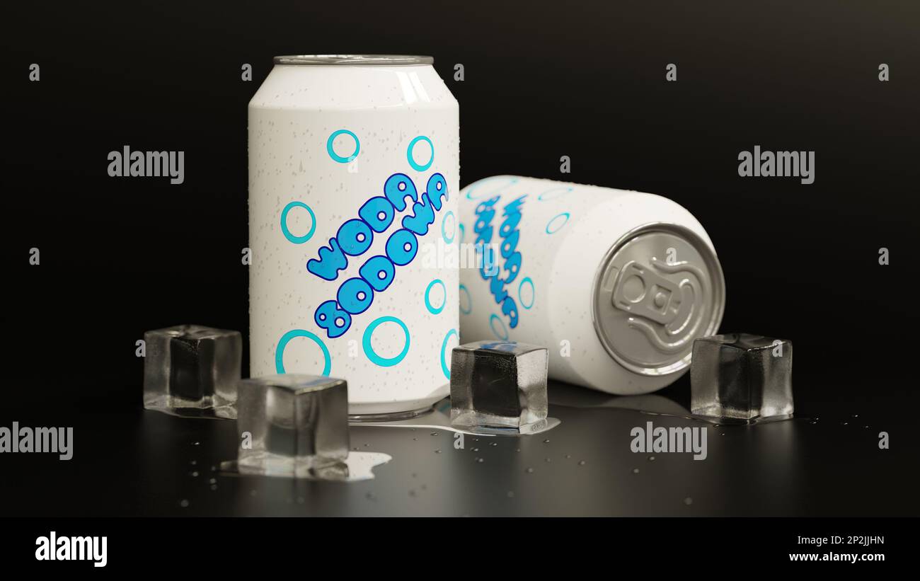 Two cans of soda with ice cubes around and water spots. CGI graphics made in Blender Stock Photo