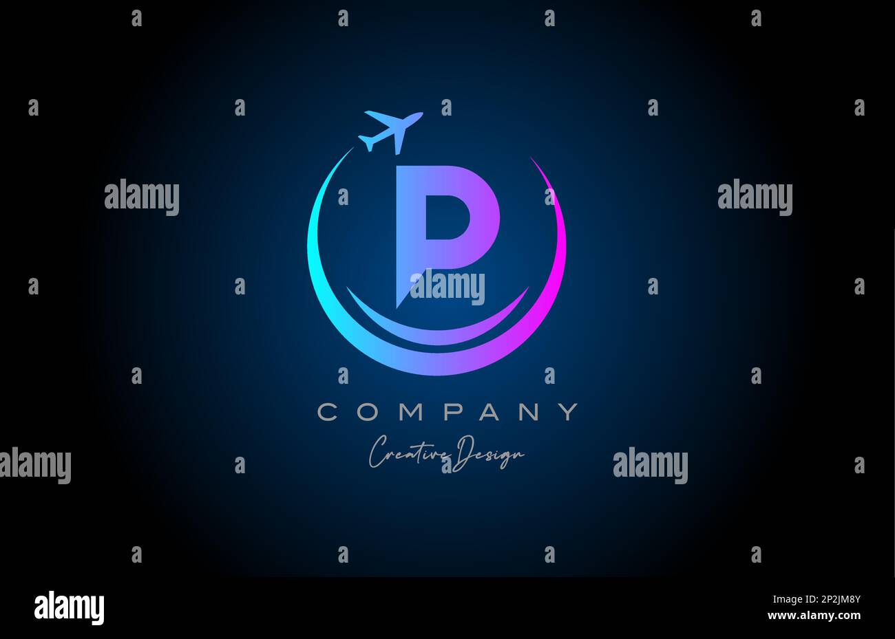 blue pink P alphabet letter logo with plane for a travel or booking ...