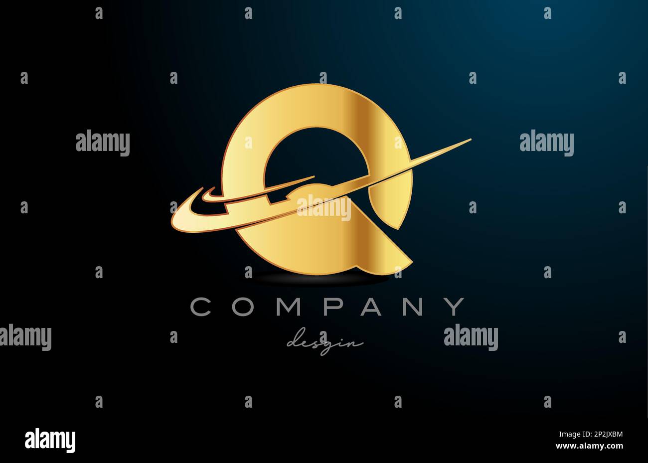 Q alphabet letter logo with double swoosh in gold golden color ...