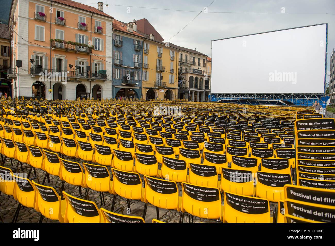 General view of the Piazza Grande Square of Locarno one day before the  beginning of the 68. Locarno International Film Festival, Tuesday, Aug. 4,  2015, in Locarno, Switzerland. The festival runs from