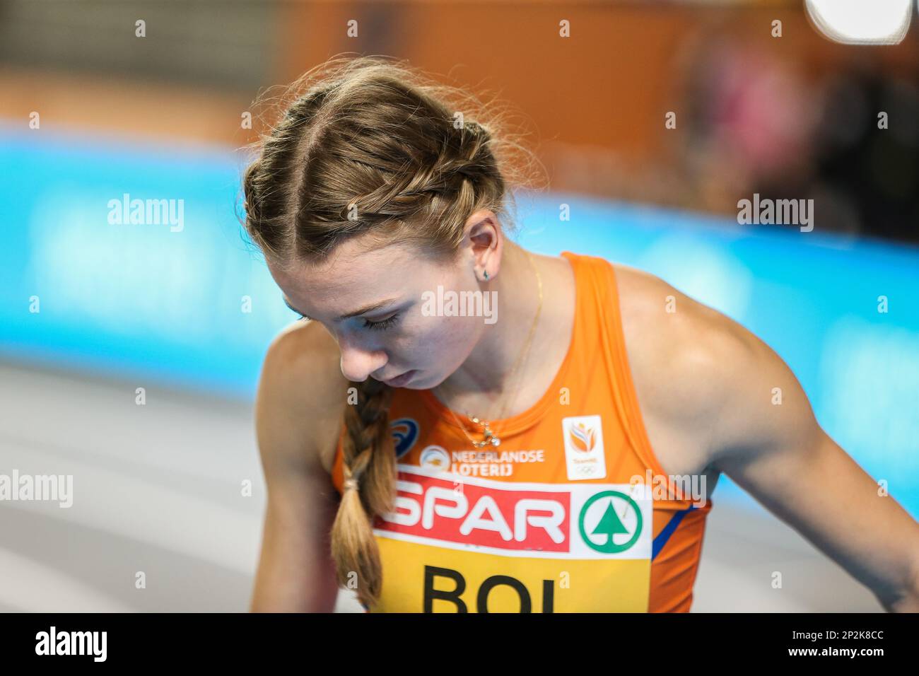 Femke Bol of the Netherlands before  her heat in the 400m during the European Athletics Indoor Championships (Day 2) (Morning Session) at the Atakoy Athletics Arena in Istanbul, Turkey on Friday March 3rd 2023 Stock Photo