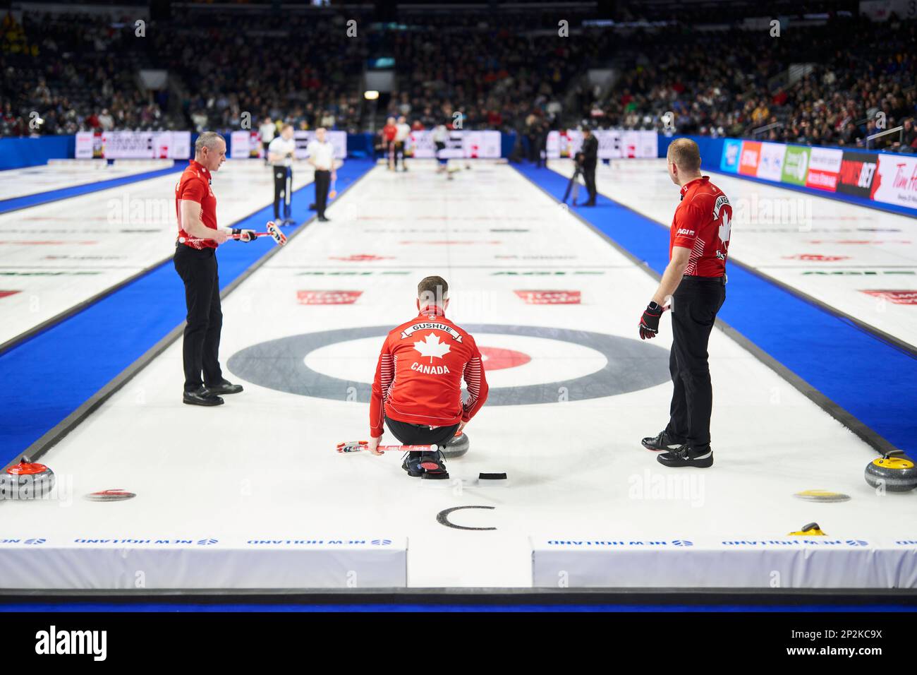 Canada skip Brad Gushue prepares to throw a stone against British Columbia at the Tim Hortons Brier curling event in London, Ontario, Saturday, March 4, 2023