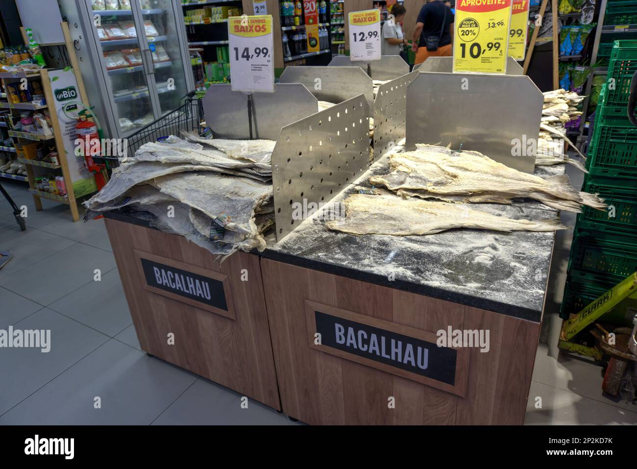 Coimbra, Portugal - August 15, 2022: Traditional fish dish of dried and salted cod (Bacalhau) on display in supermarket for purchase Stock Photo