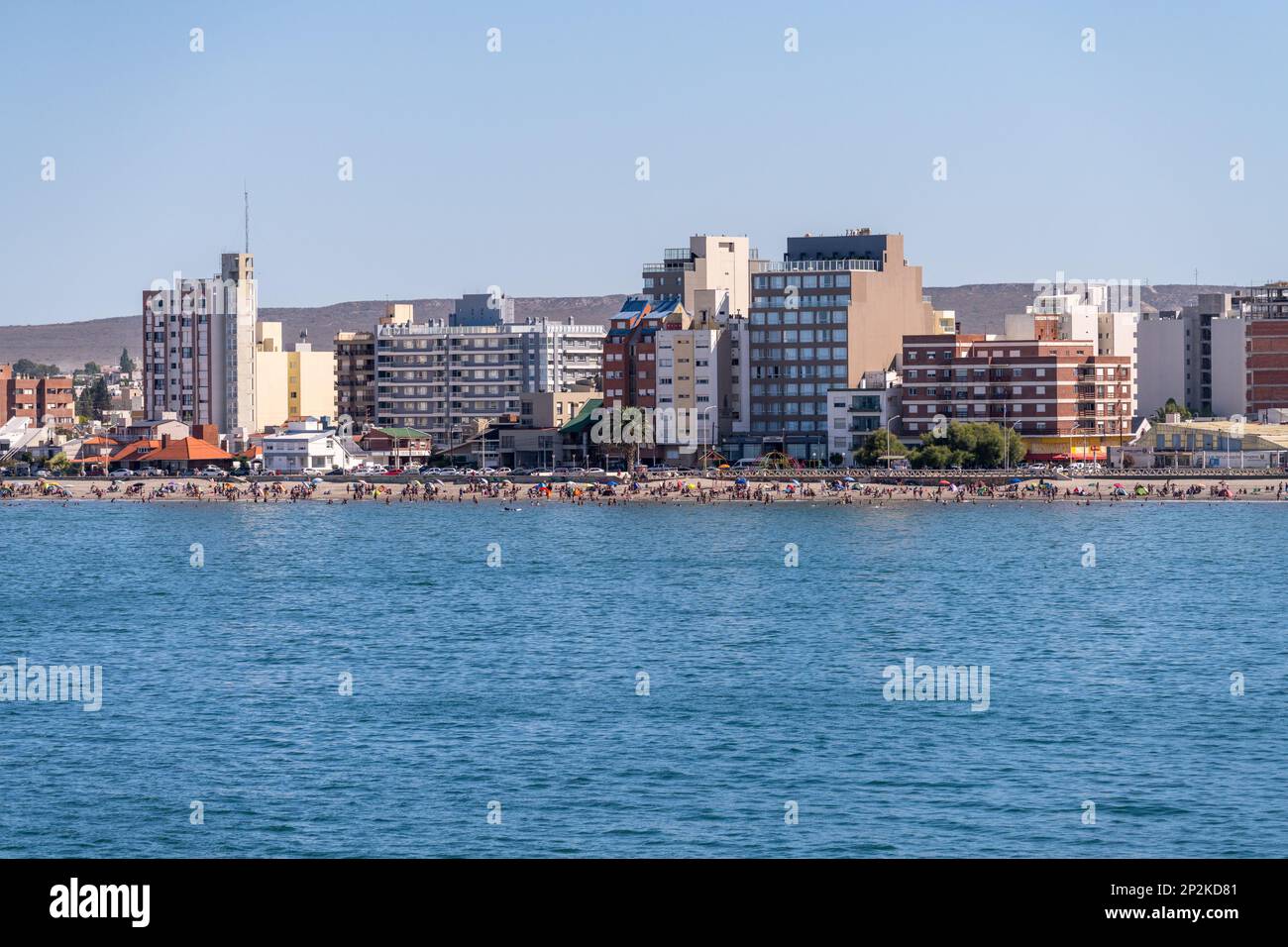 Puerto Madryn, Argentina 2 February 2023 Crowded beach and sea front