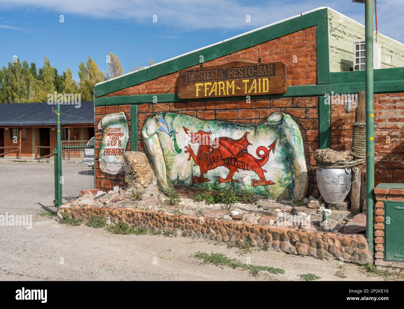 Trelew, Argentina - 2 February 2023: Entrance to welsh style hotel or motel in Trelew Argentina Stock Photo