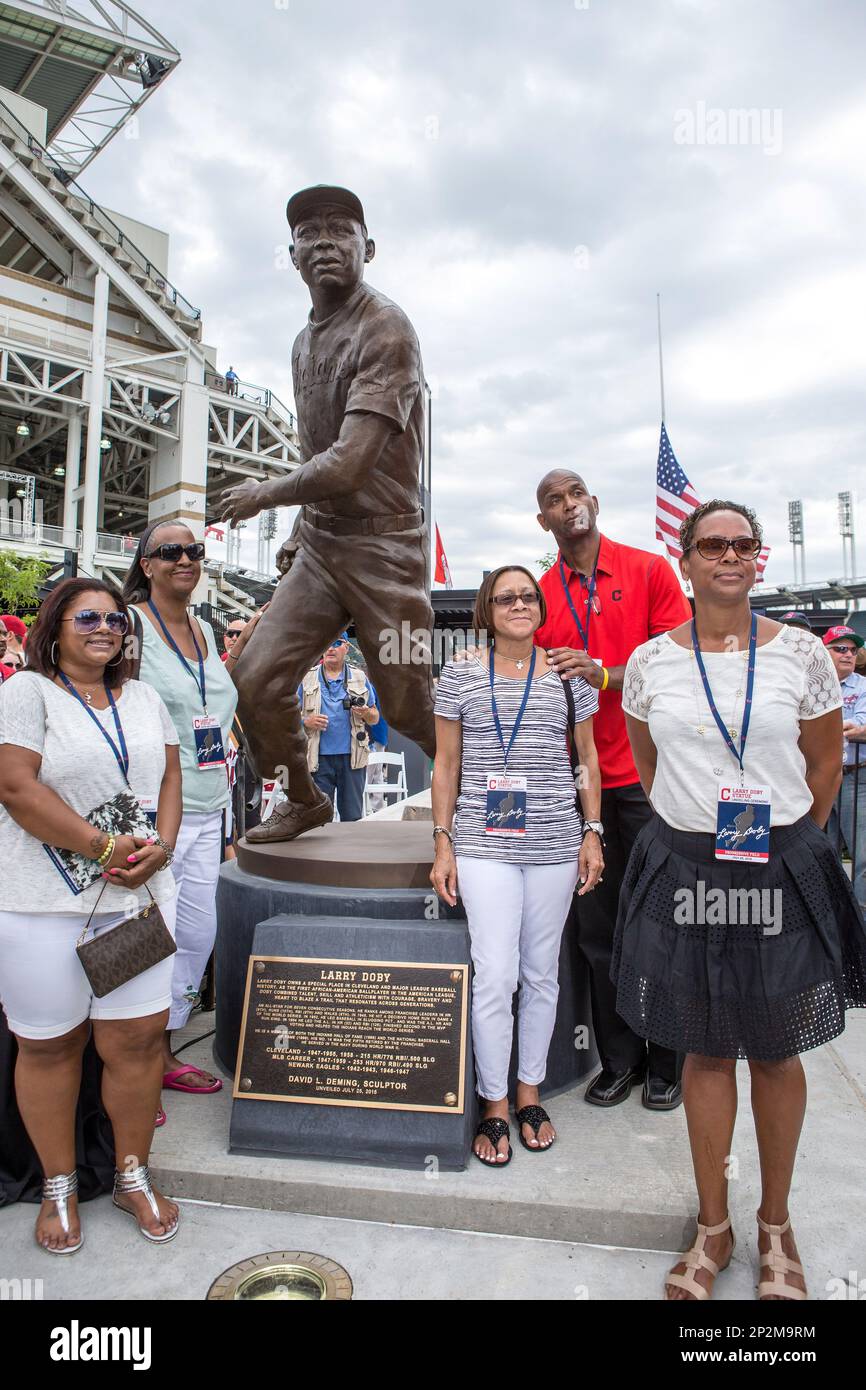 25 July 2015: The family of Larry Doby pose next to his statue as