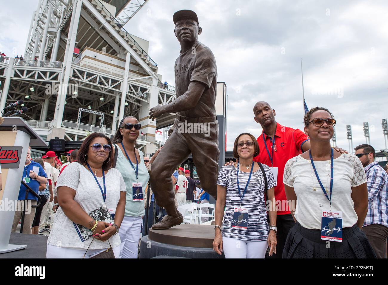 25 July 2015: The family of Larry Doby pose next to his statue as