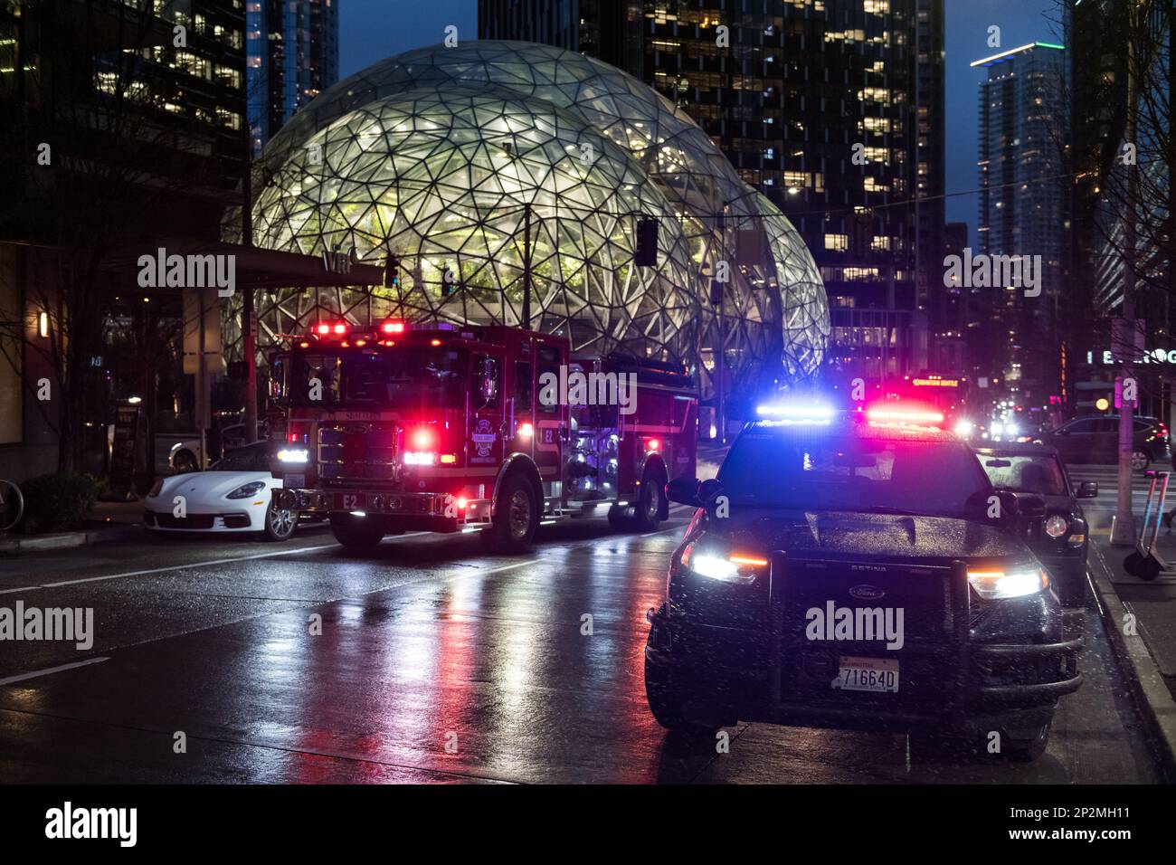 Seattle, USA. 20th Feb, 2023. Seattle Police and Fire near the Amazon