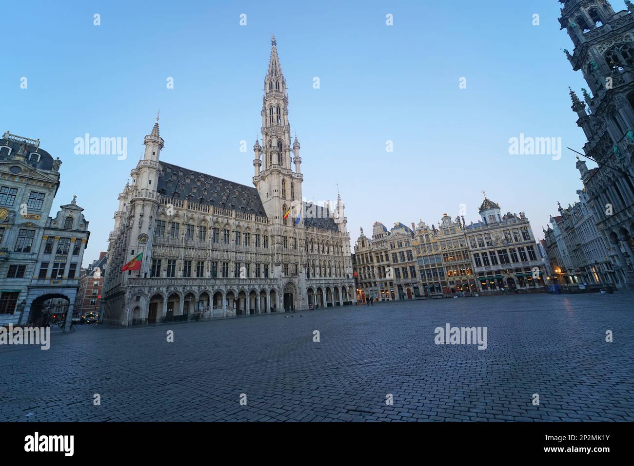 Brussels, Brabant, Belgium 03 02 2023 Early morning wide angle shot on a deserted Unesco heritage Grand Place with Town Hall, King's House or Breadhou Stock Photo