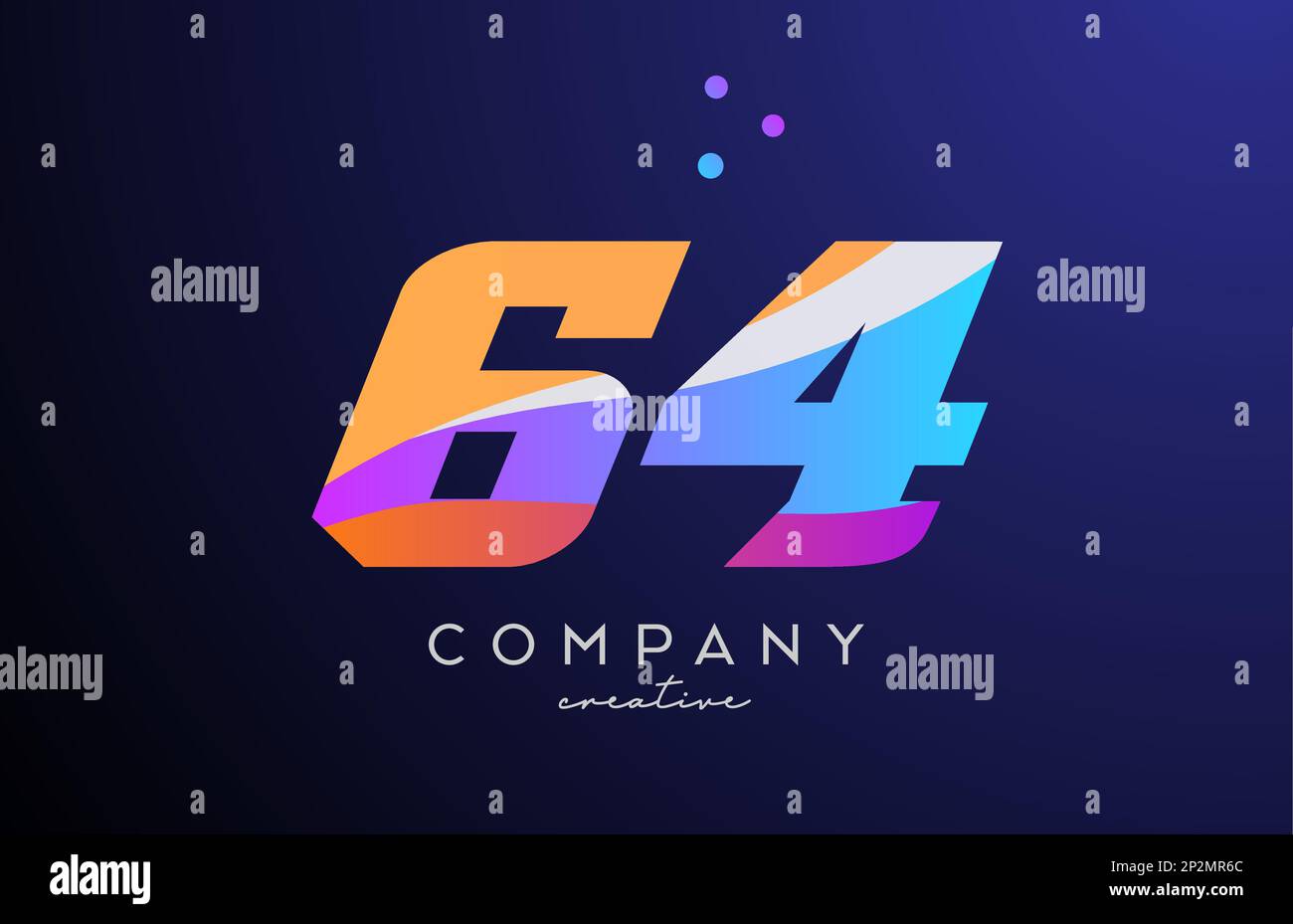 colored number 64 logo icon with dots. Yellow blue pink template design for a business or company Stock Vector