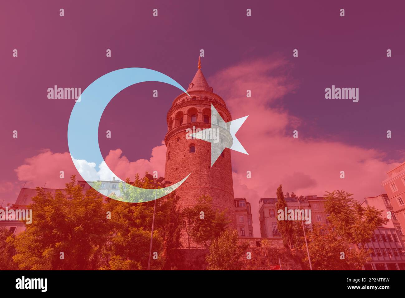 Turkish flag over Hagia Sophia. Flag of Turkiye imposed on Hagia Sofia, a famous landmark of Istanbul, Turkey Stock Photo