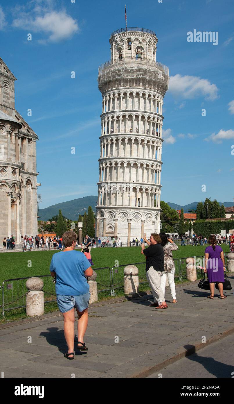 Leaning Tower of Pisa with tourists Stock Photo