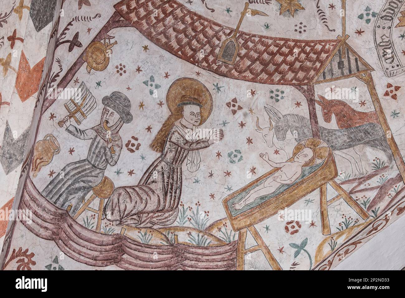 christmas story from the stable, an ancient wall-painting in Keldby church, Denmark, October 10, 2022 Stock Photo