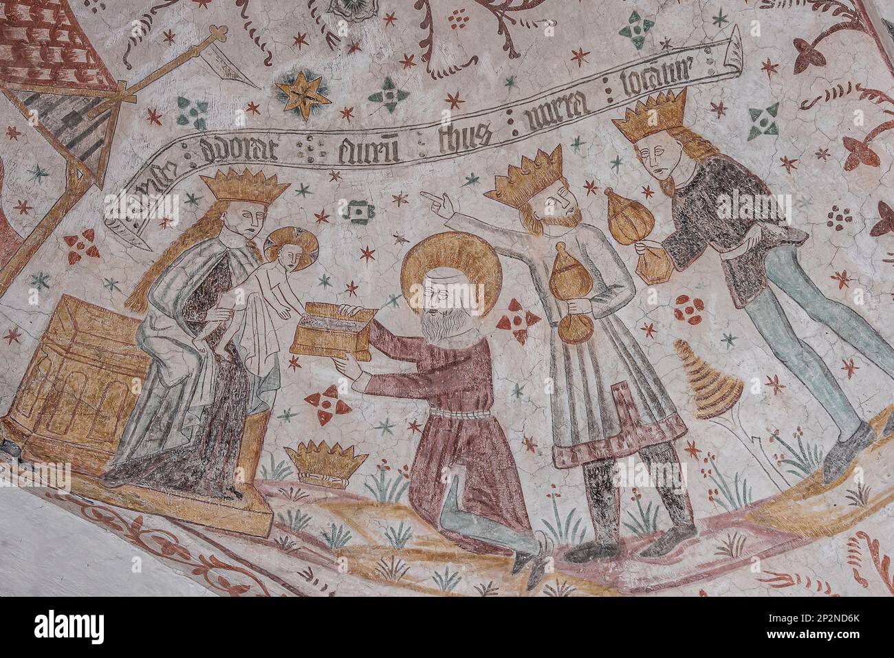 three weise men with gifts to the christ-child, ancient wall-painting in Keldby church, Denmark, October 10, 2022 Stock Photo