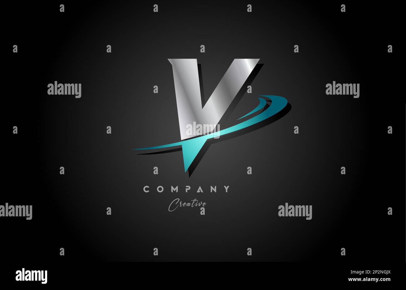 silver metal blue V alphabet letter logo icon design with swoosh ...