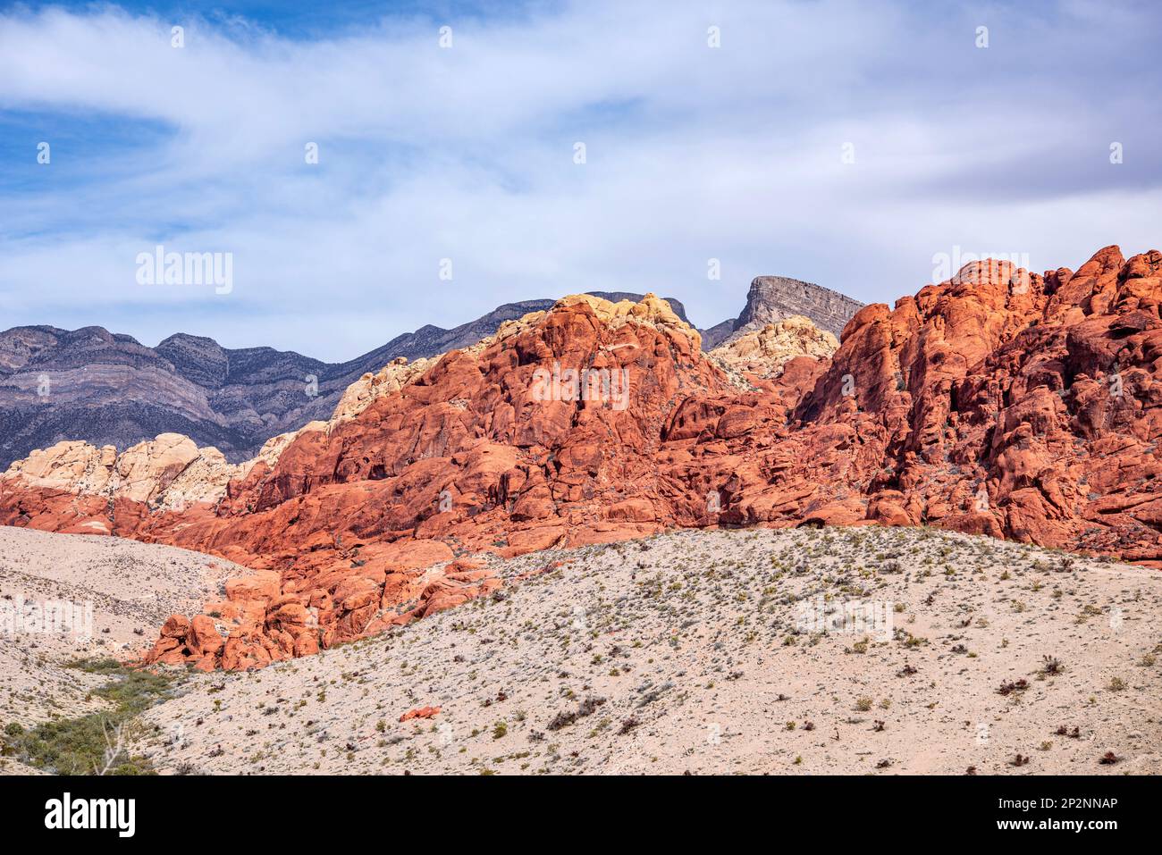 A beautiful, arid, rugged and mountainous scene in the wilderness of Red Rock Canyon in Las Vegas, Nevada. Stock Photo