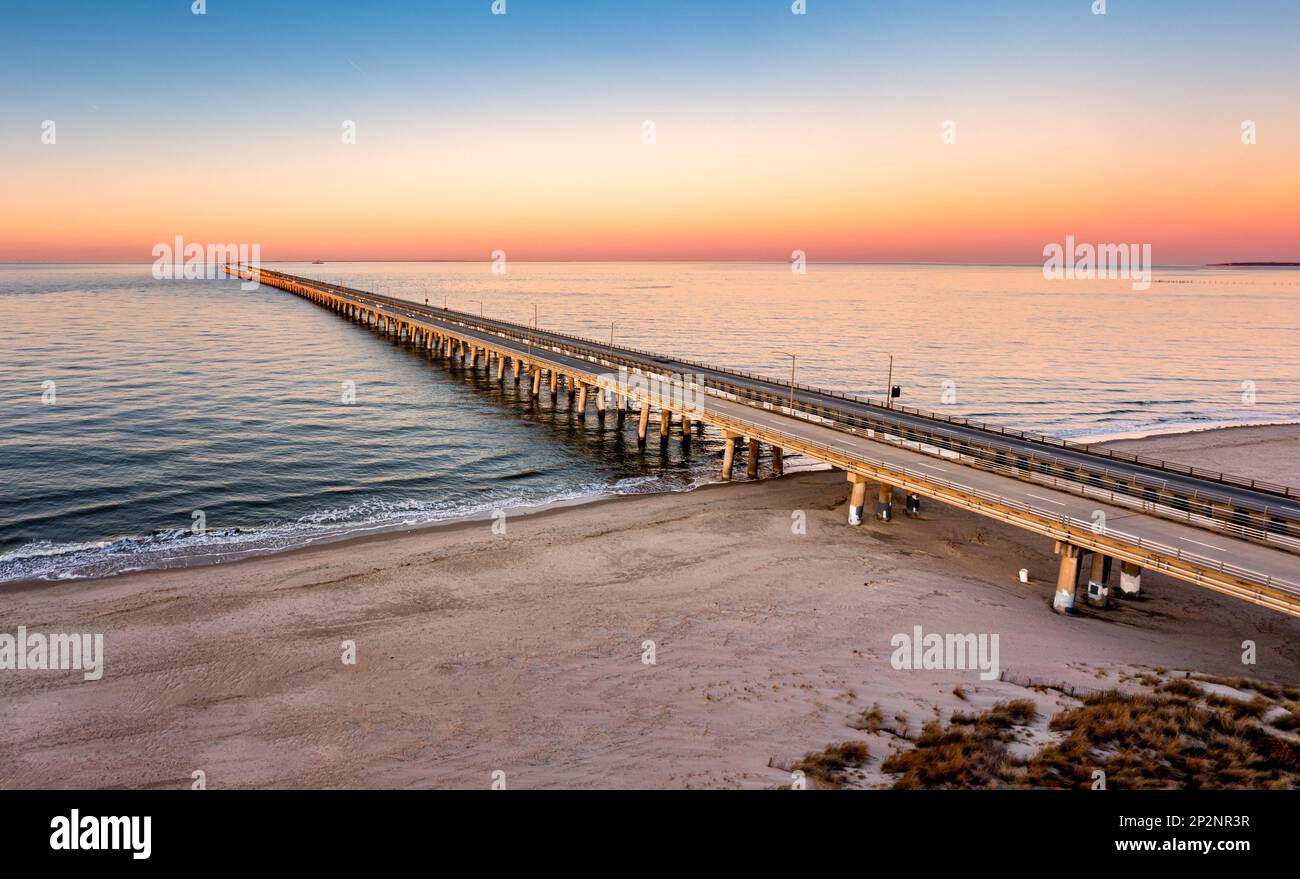 Aerial panorama of Chesapeake Bay Bridge Tunnel at sunset Stock Photo