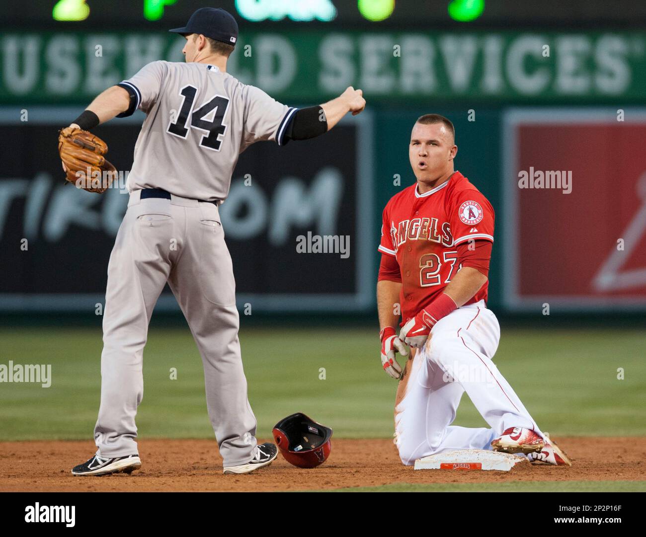 The Angels' Mike Trout looks surprised after being called out