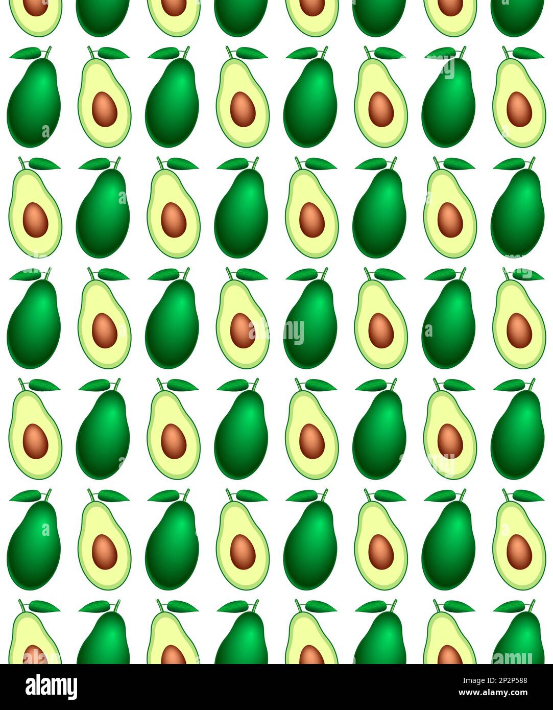 Seamless pattern of fresh avocado fruit, whole and cut in half avocado with pit Stock Vector