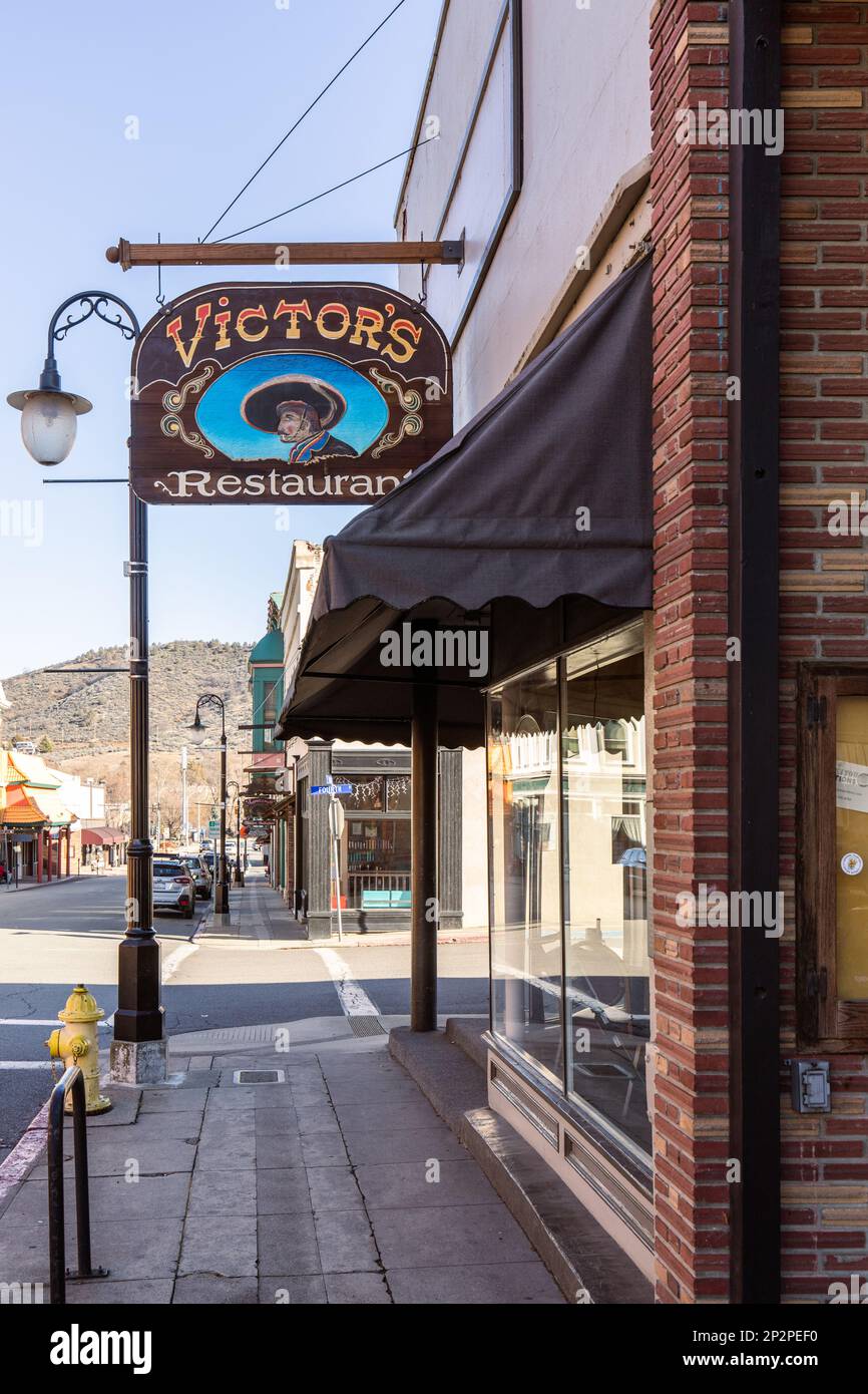 Yreka, CA USA Feb 11 2023 Victor's Restaurant Sign on Building on
