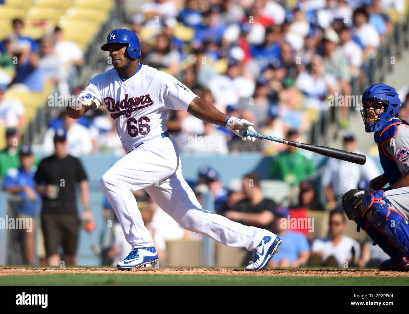 04 July 2015 Los Angeles Dodgers Right field Yasiel Puig 66 9924 hits for a double during a Major League Baseball game between the New York Mets and the Los Angeles Dodgers