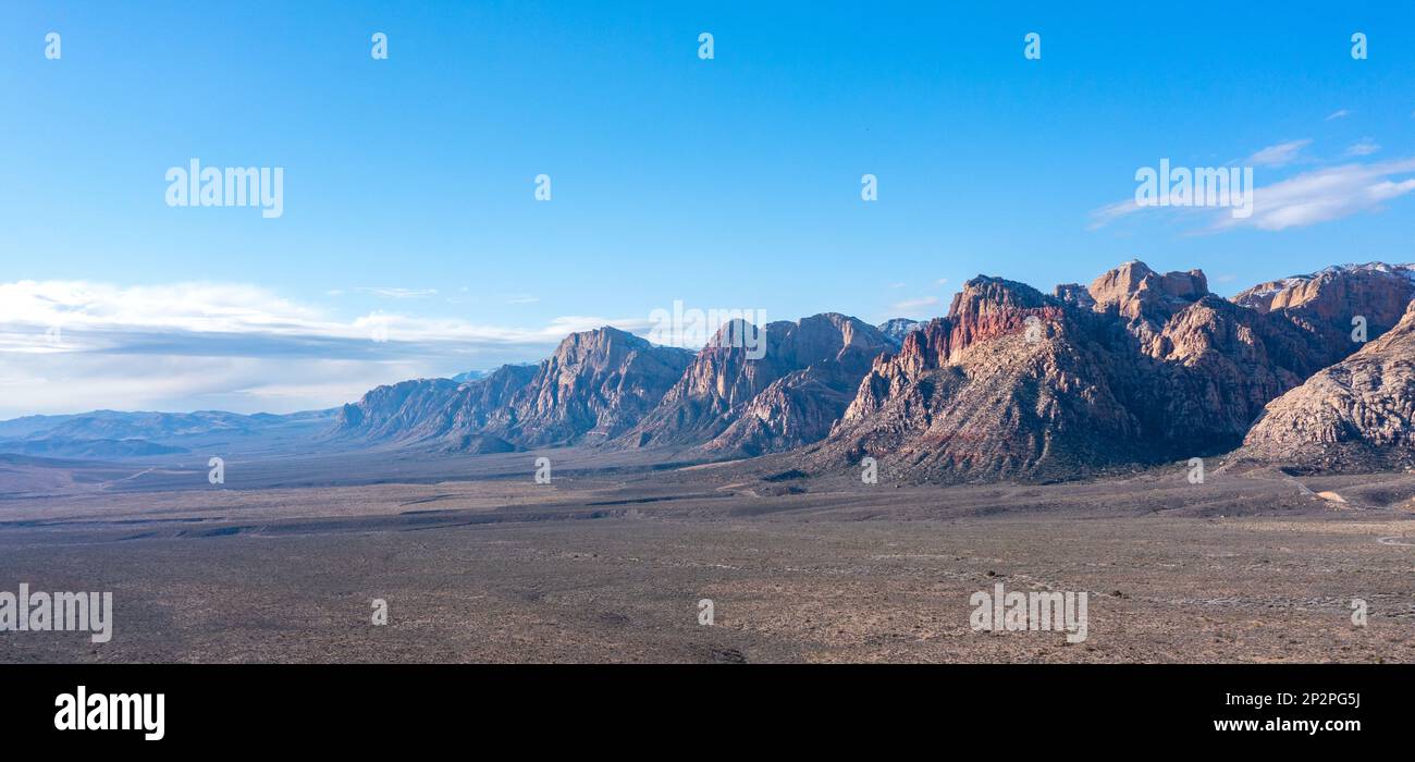 A beautiful, arid, rugged and mountainous scene in the wilderness of Red Rock Canyon in Las Vegas, Nevada, where hikers and conservationists go to enj Stock Photo