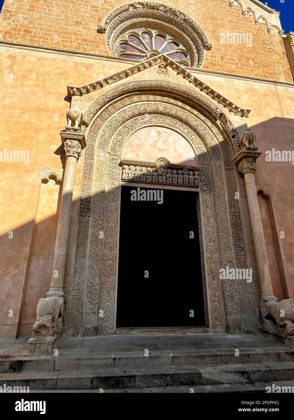 Galatina, Italy. The beautiful portal of the 14th century Santa Caterina d'Alessandria Catholic Church. Stock Photo