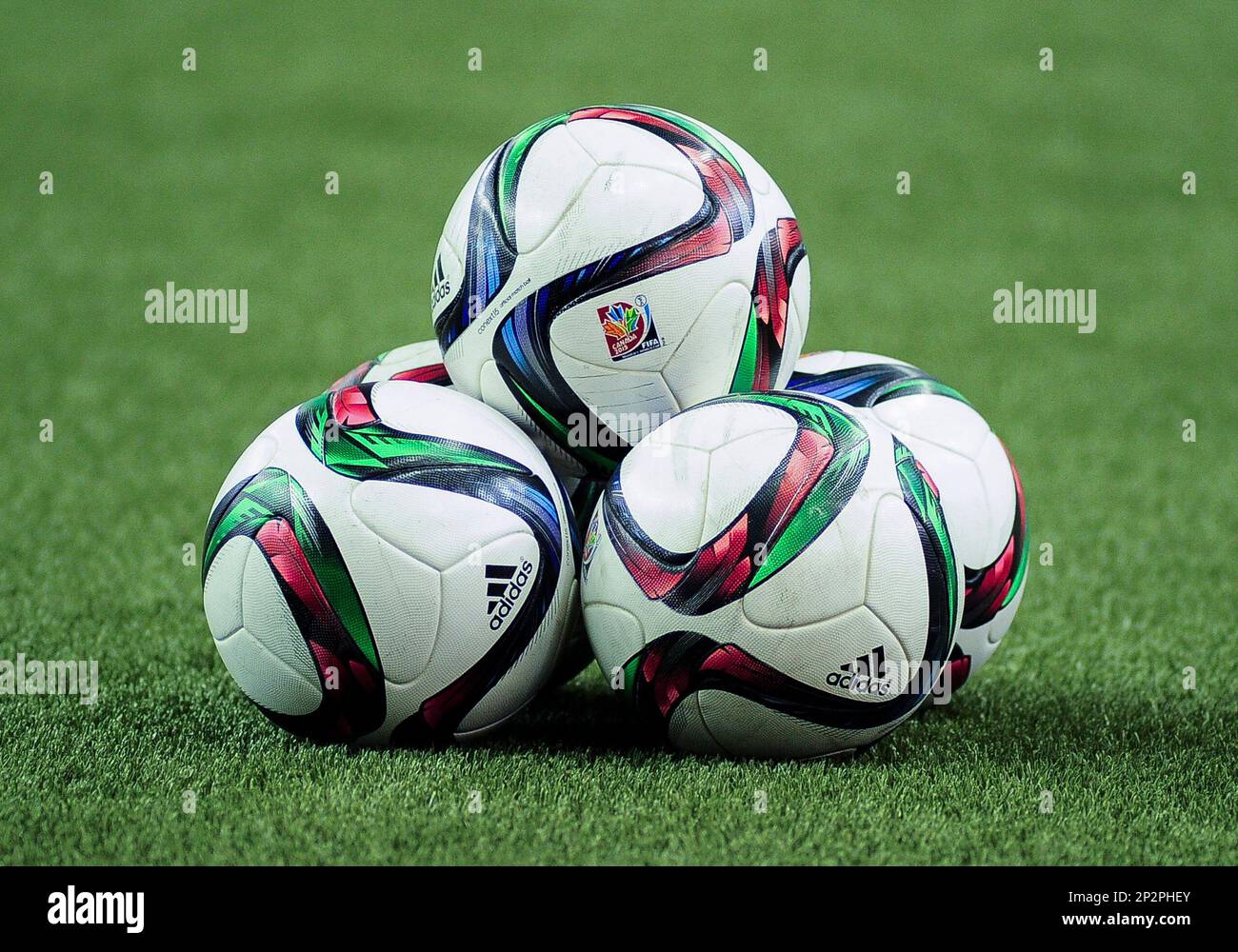 June 30, 2015: The official Adidas balls used during the FIFA Women's World  Cup Semi-Final match between USA and Germany at the Olympic Stadium in  Montreal, Canada. USA booked their place in