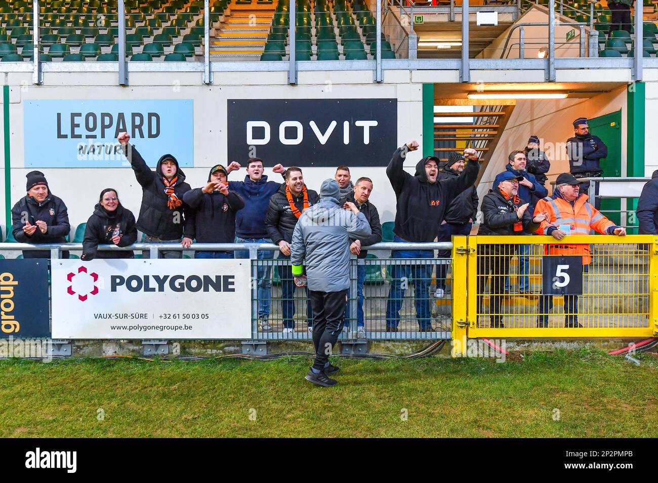 supporters Deinze pictured after a soccer game between Excelsior Virton and KMSK Deinze during the 2nd matchday in the Challenger Pro League play-downs for the 2022-2023 season ,  on  Saturday 4 March 2023  in Virton , Belgium . PHOTO SPORTPIX | Stijn Audooren Stock Photo