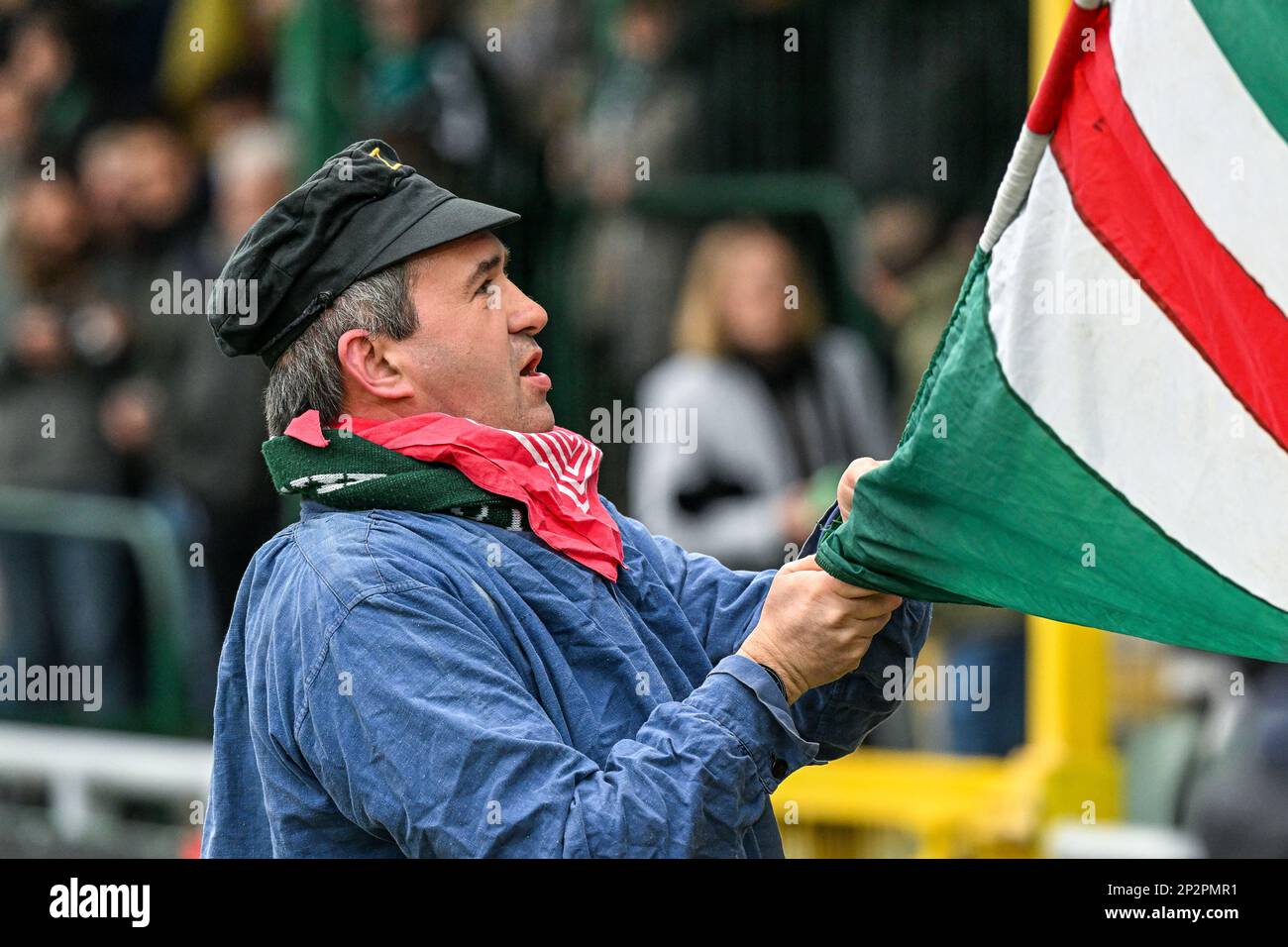 supporter Virton pictured before a soccer game between Excelsior Virton and KMSK Deinze during the 2nd matchday in the Challenger Pro League play-downs for the 2022-2023 season ,  on  Saturday 4 March 2023  in Virton , Belgium . PHOTO SPORTPIX | Stijn Audooren Stock Photo