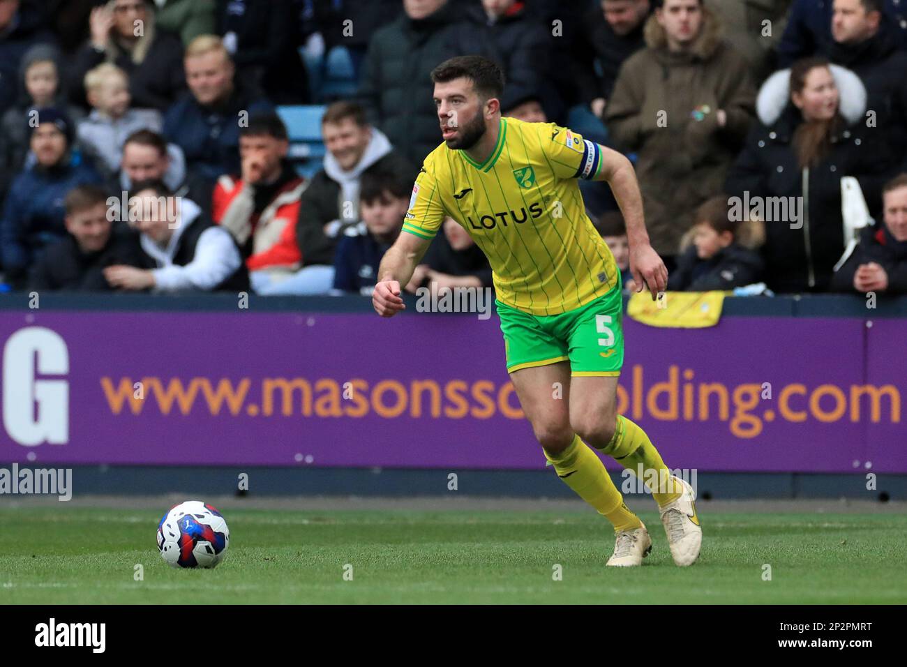 London, UK. 04th Mar, 2023. Grant Hanley of Norwich City on the ball during the EFL Sky Bet Championship match between Millwall and Norwich City at The Den, London, England on 4 March 2023. Photo by Carlton Myrie. Editorial use only, license required for commercial use. No use in betting, games or a single club/league/player publications. Credit: UK Sports Pics Ltd/Alamy Live News Stock Photo