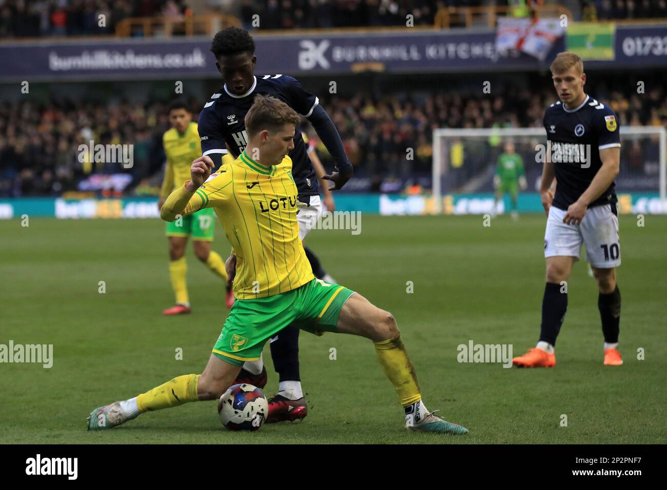 London, UK. 04th Mar, 2023. Jacob Lungi Sørensen of Norwich City and Romain Esse of Millwall during the EFL Sky Bet Championship match between Millwall and Norwich City at The Den, London, England on 4 March 2023. Photo by Carlton Myrie. Editorial use only, license required for commercial use. No use in betting, games or a single club/league/player publications. Credit: UK Sports Pics Ltd/Alamy Live News Stock Photo