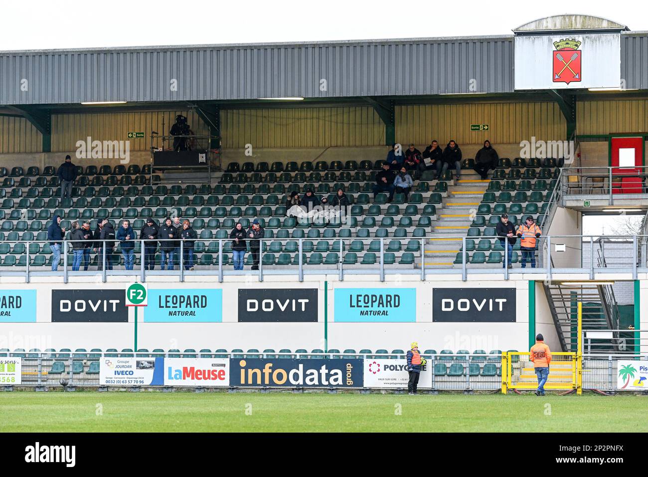 supporters Deinze pictured during a soccer game between Excelsior Virton and KMSK Deinze during the 2nd matchday in the Challenger Pro League play-downs for the 2022-2023 season ,  on  Saturday 4 March 2023  in Virton , Belgium . PHOTO SPORTPIX | Stijn Audooren Stock Photo