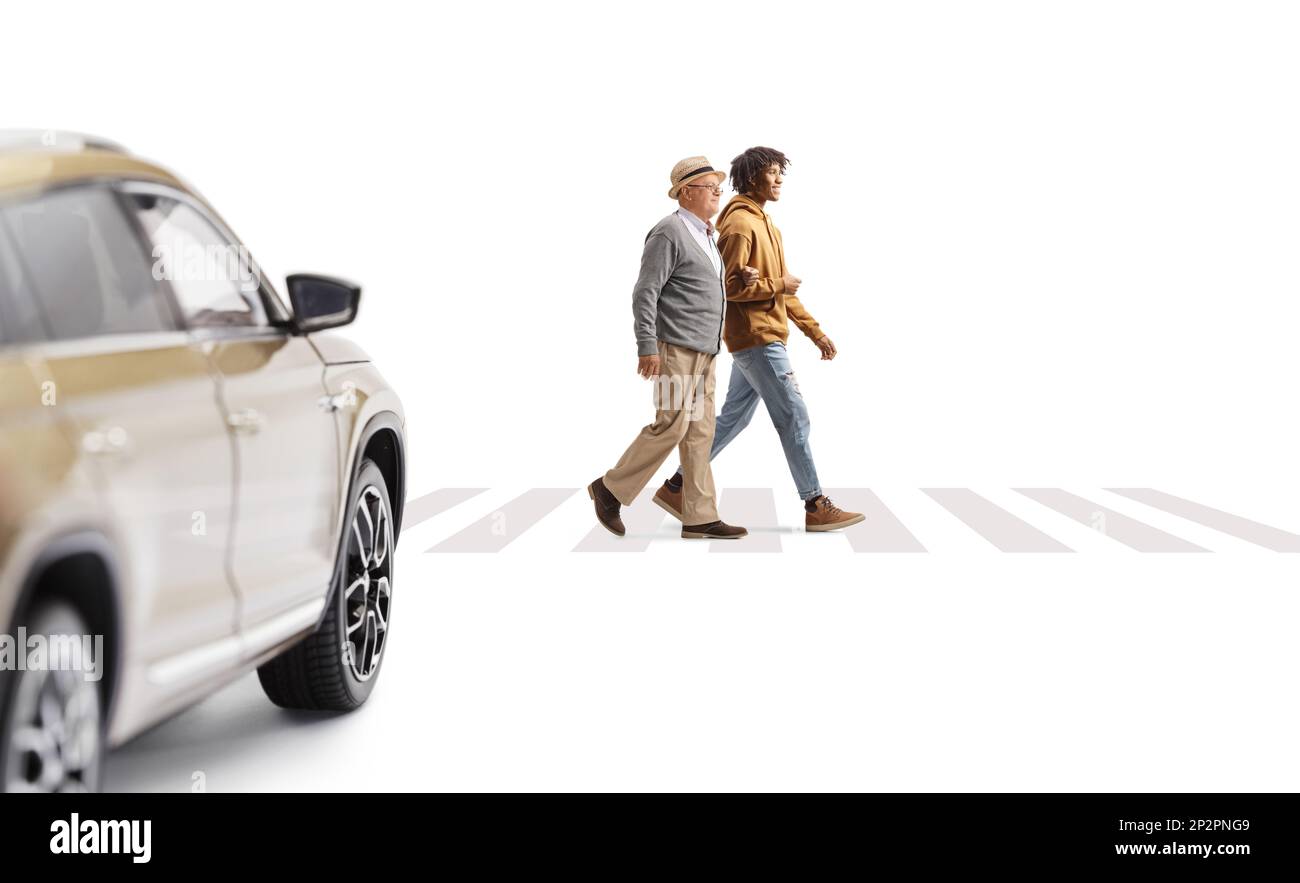 SUV waiting and young african american man helping a senior man ...