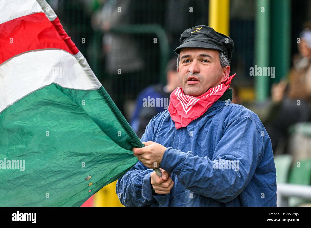 supporter Virton pictured before a soccer game between Excelsior Virton and KMSK Deinze during the 2nd matchday in the Challenger Pro League play-downs for the 2022-2023 season ,  on  Saturday 4 March 2023  in Virton , Belgium . PHOTO SPORTPIX | Stijn Audooren Stock Photo