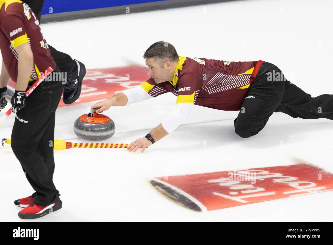Nunavut third Sheldon Wettig makes a shot against Newfoundland and Labrador during the Tim Hortons Brier curling event Saturday, March 4, 2023, in London, Ontario