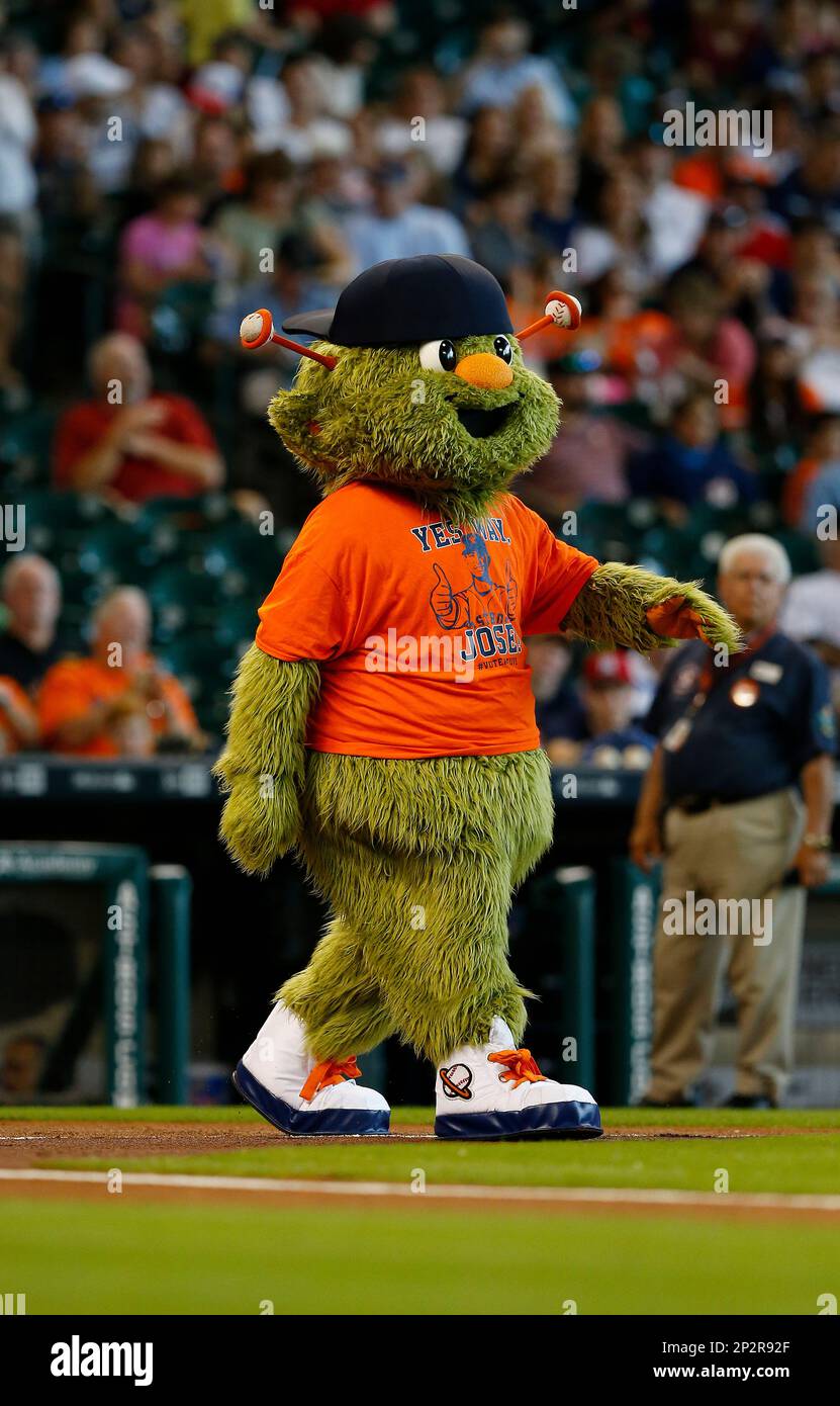 Houston Astros mascot Orbit entertains the crowd prior to an MLB baseball  game against the New York Yankees at Minute Maid Park on Saturday June 27,  2015 in Houston, Texas. New York