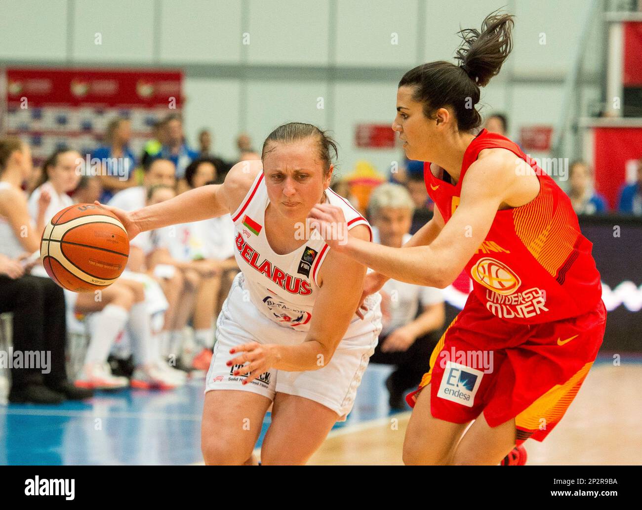 Leticia Romero, right, of Spain challenges for the ball with Volha