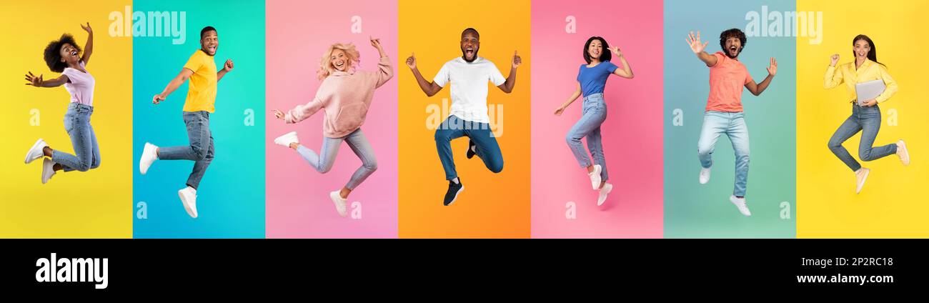 Diverse positive young men and women jumping in air over colorful ...