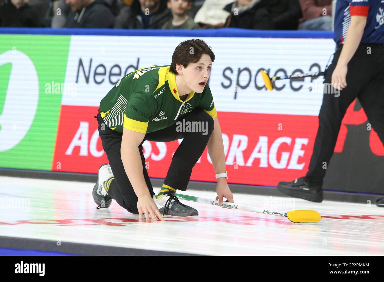 March 4, 2023, London, Ontario, Canada Team Canada skip, Brad Gushue calls a shot against Team Ontario during the Tim Hortons Brier at Budweiser Gardens in London, Ont