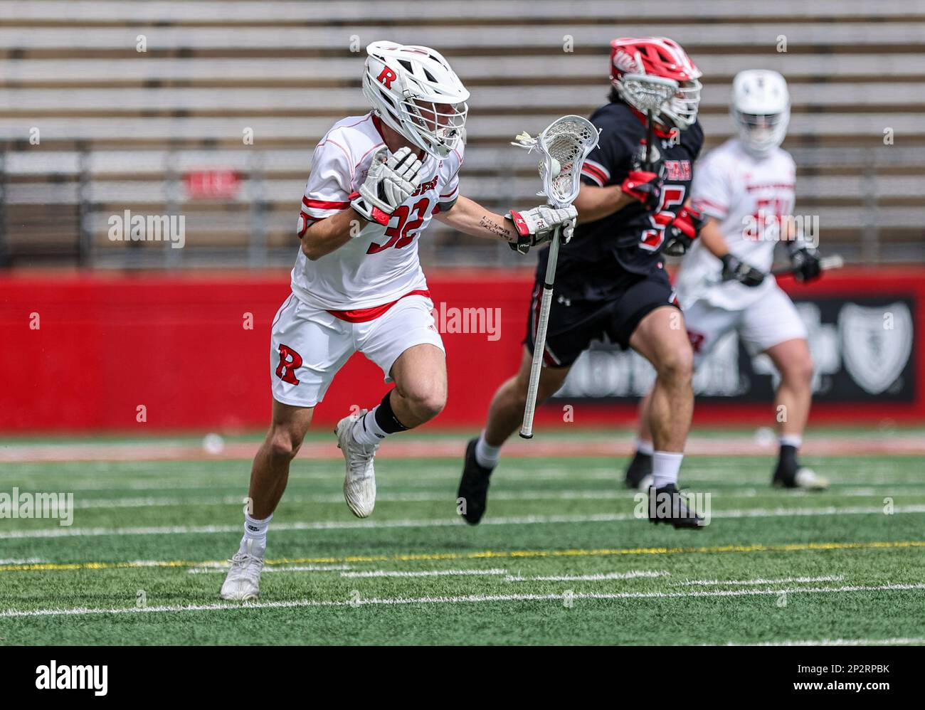 March 4, 2023: Rutgers midfielder Remington Reynolds (32) brings the ball upfield during a NCAA Men's Lacrosse game between the Utah Utes and the Rutgers Scarlet Knights at SHI Stadium in Piscataway, N.J. Mike Langish/Cal Sport Media. Stock Photo