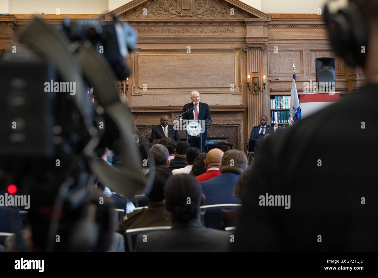 Secretary of the Air Force Frank Kendall speaks at an event with ...