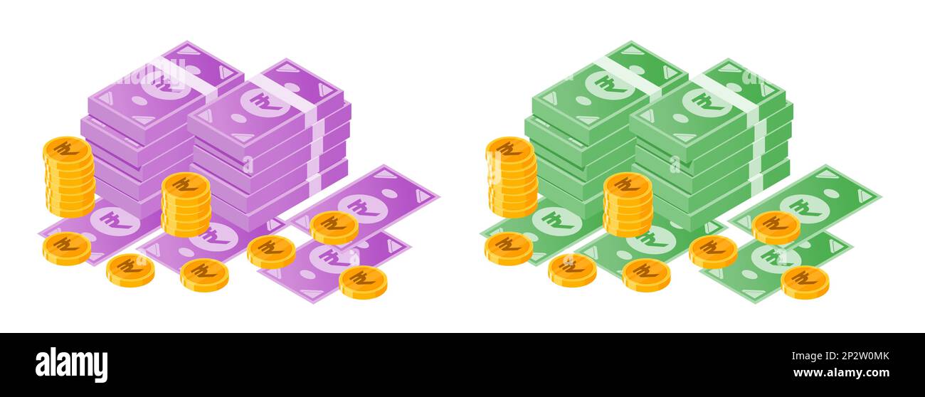 Indian Rupee Money Bundle and Coins Stock Vector